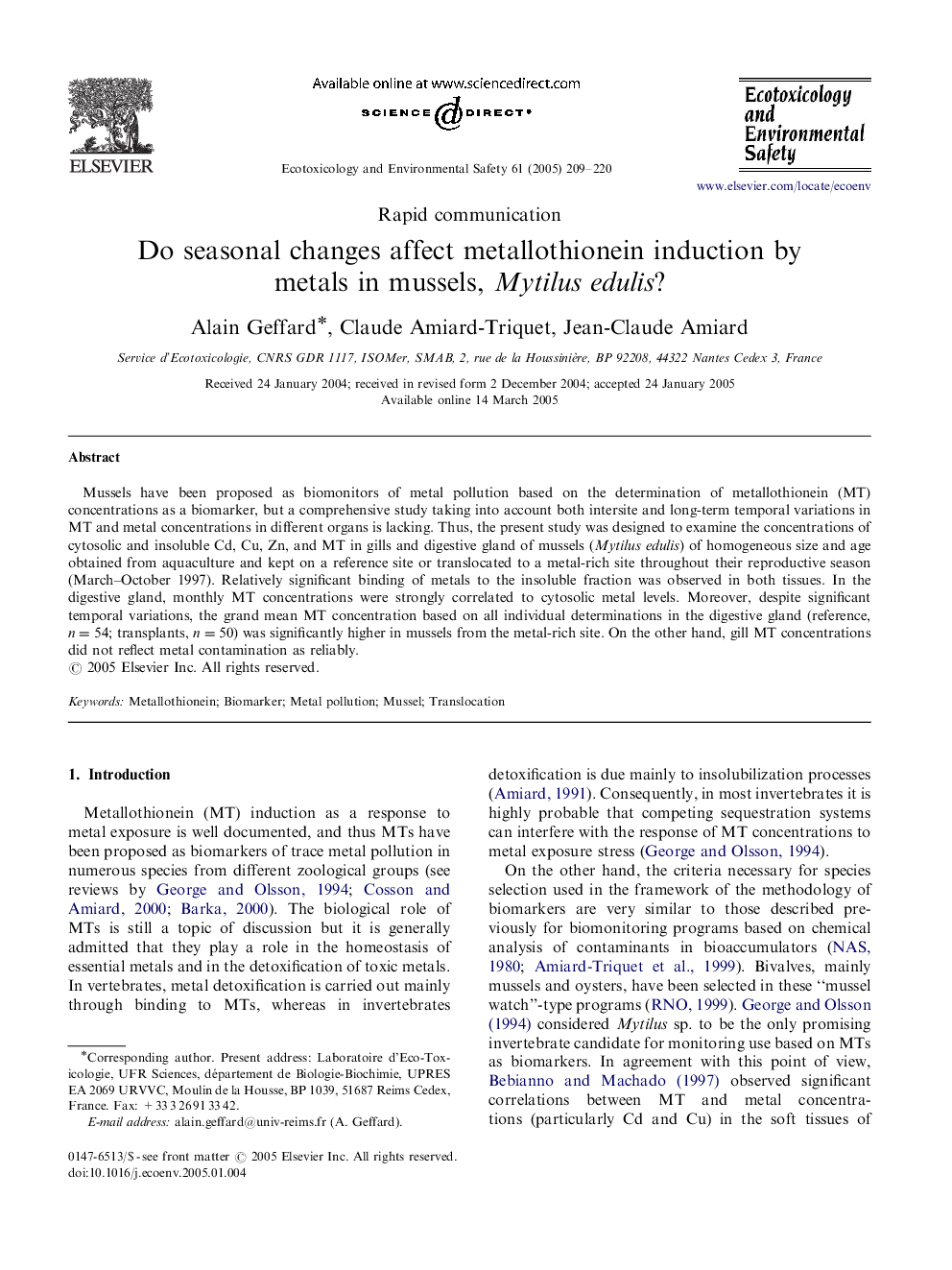 Do seasonal changes affect metallothionein induction by metals in mussels, Mytilus edulis?