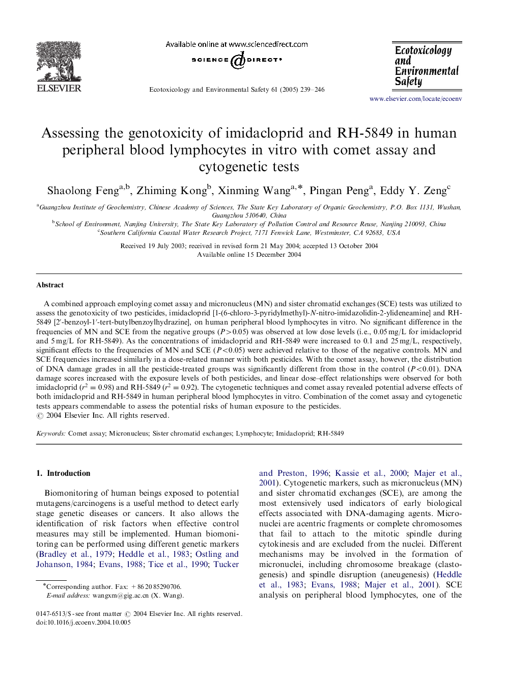 Assessing the genotoxicity of imidacloprid and RH-5849 in human peripheral blood lymphocytes in vitro with comet assay and cytogenetic tests