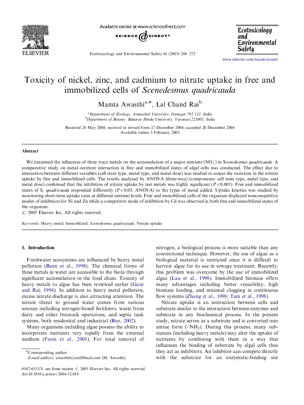 Toxicity of nickel, zinc, and cadmium to nitrate uptake in free and immobilized cells of Scenedesmus quadricauda