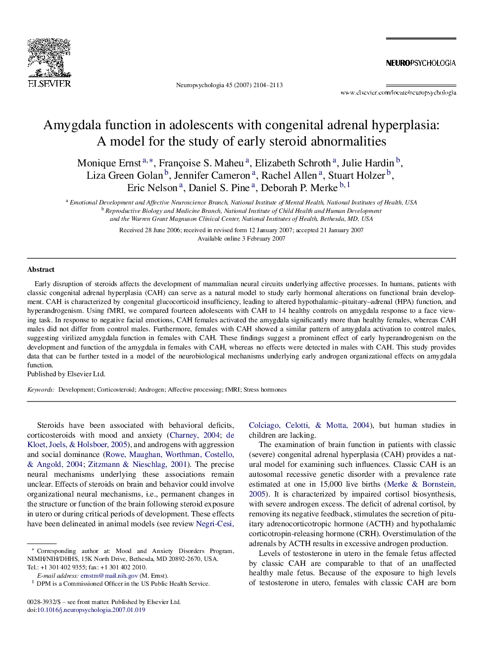 Amygdala function in adolescents with congenital adrenal hyperplasia: A model for the study of early steroid abnormalities