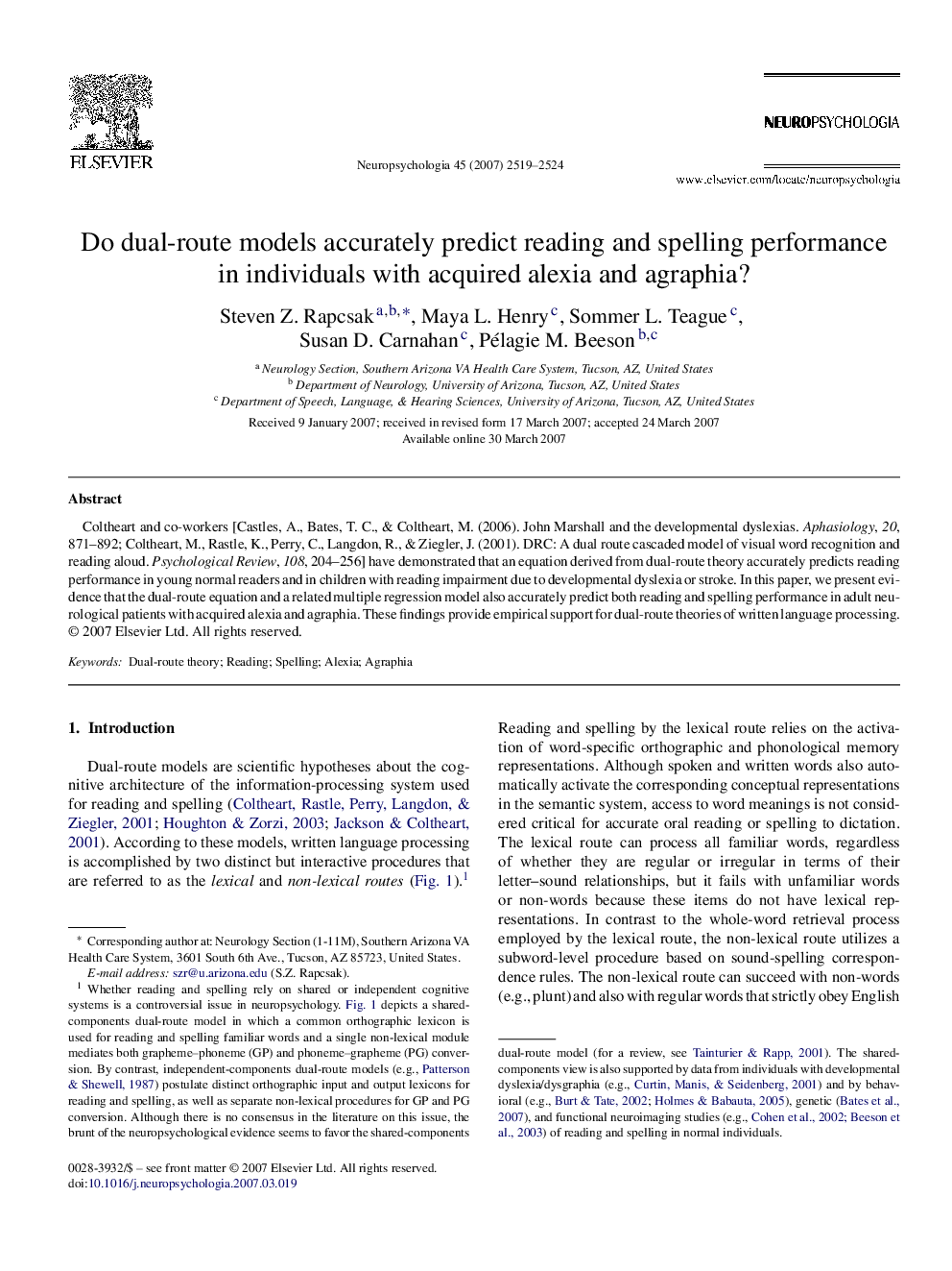 Do dual-route models accurately predict reading and spelling performance in individuals with acquired alexia and agraphia?