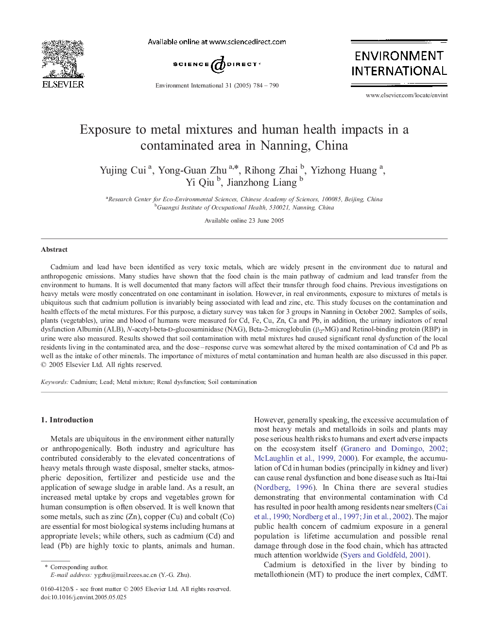 Exposure to metal mixtures and human health impacts in a contaminated area in Nanning, China