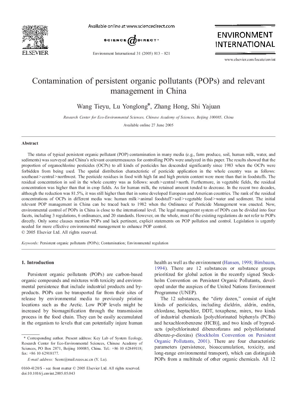 Contamination of persistent organic pollutants (POPs) and relevant management in China