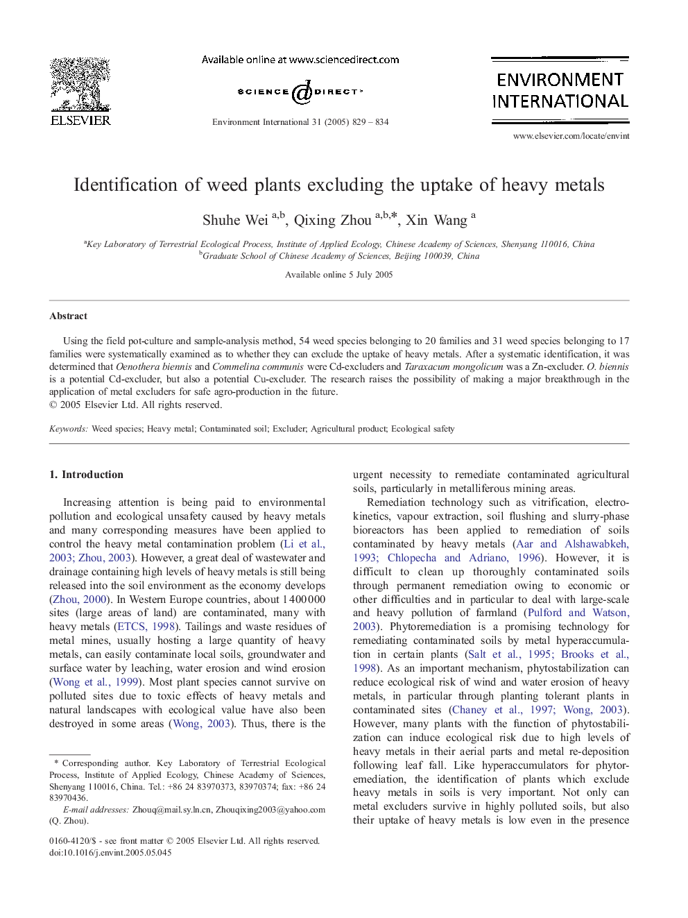 Identification of weed plants excluding the uptake of heavy metals