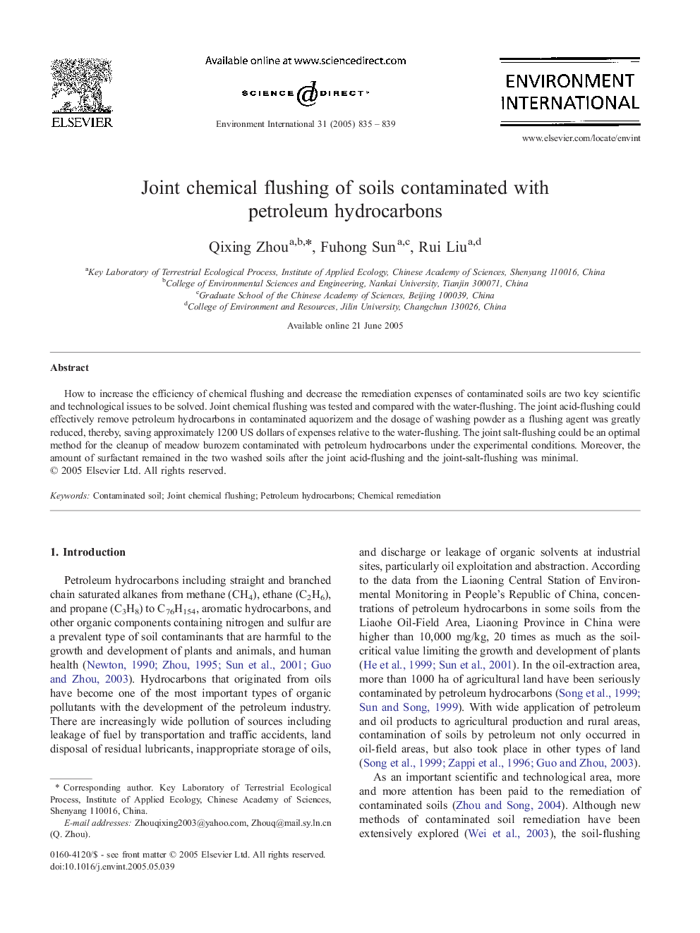 Joint chemical flushing of soils contaminated with petroleum hydrocarbons