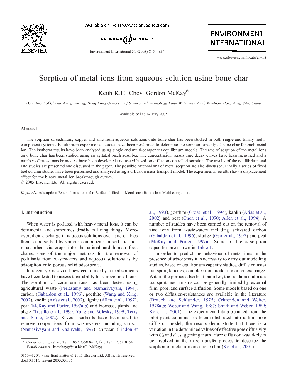 Sorption of metal ions from aqueous solution using bone char