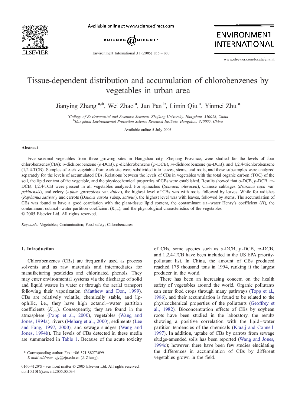 Tissue-dependent distribution and accumulation of chlorobenzenes by vegetables in urban area