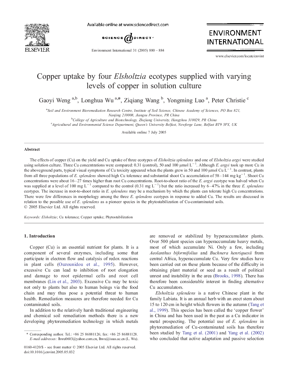 Copper uptake by four Elsholtzia ecotypes supplied with varying levels of copper in solution culture