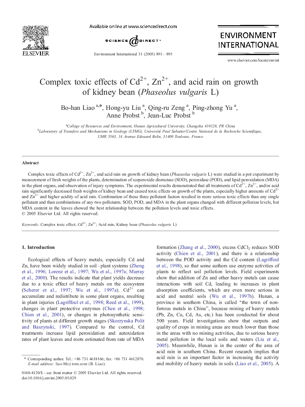 Complex toxic effects of Cd2+, Zn2+, and acid rain on growth of kidney bean (Phaseolus vulgaris L)