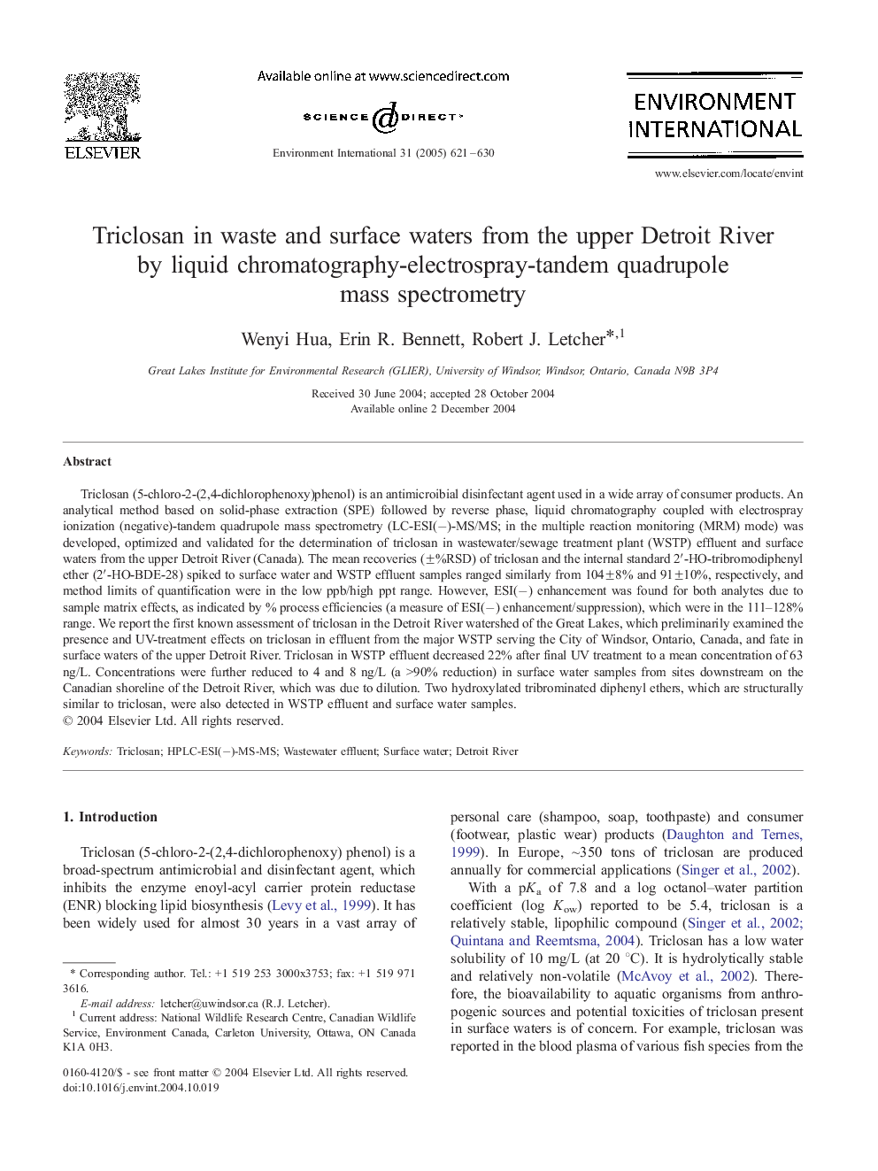 Triclosan in waste and surface waters from the upper Detroit River by liquid chromatography-electrospray-tandem quadrupole mass spectrometry