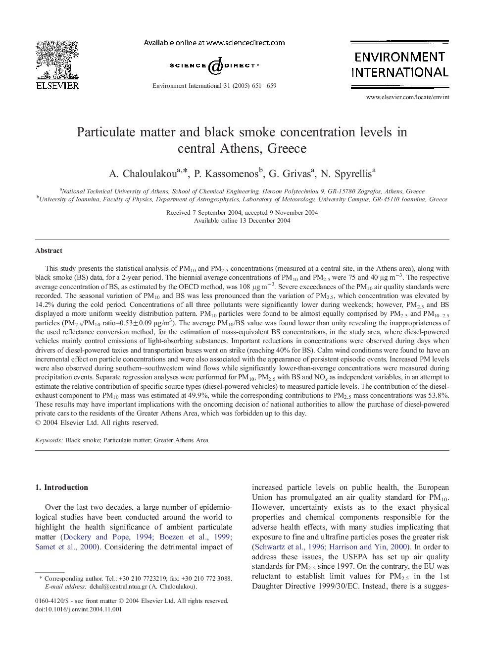 Particulate matter and black smoke concentration levels in central Athens, Greece