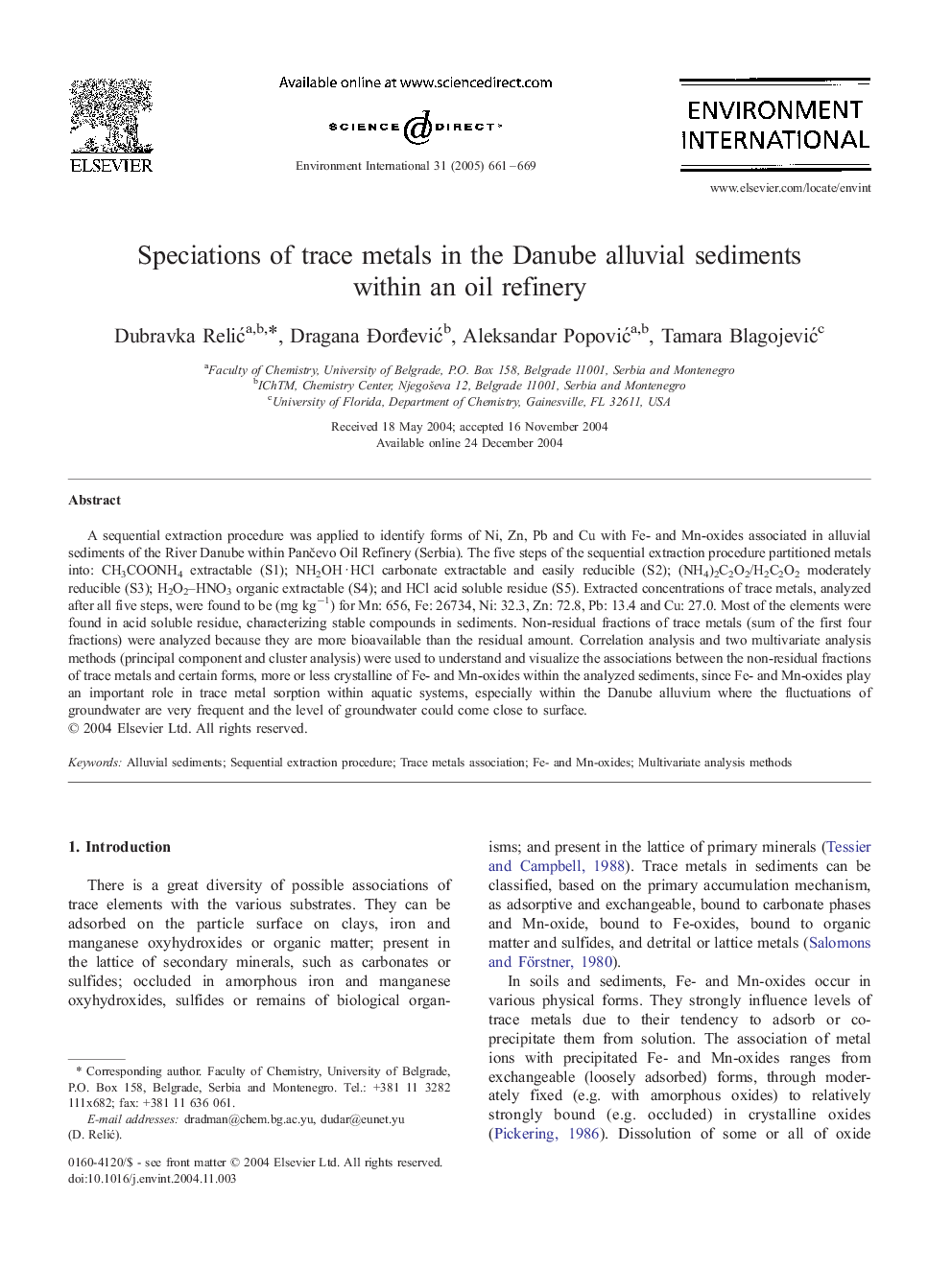 Speciations of trace metals in the Danube alluvial sediments within an oil refinery