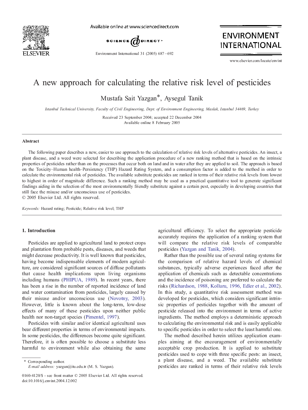 A new approach for calculating the relative risk level of pesticides