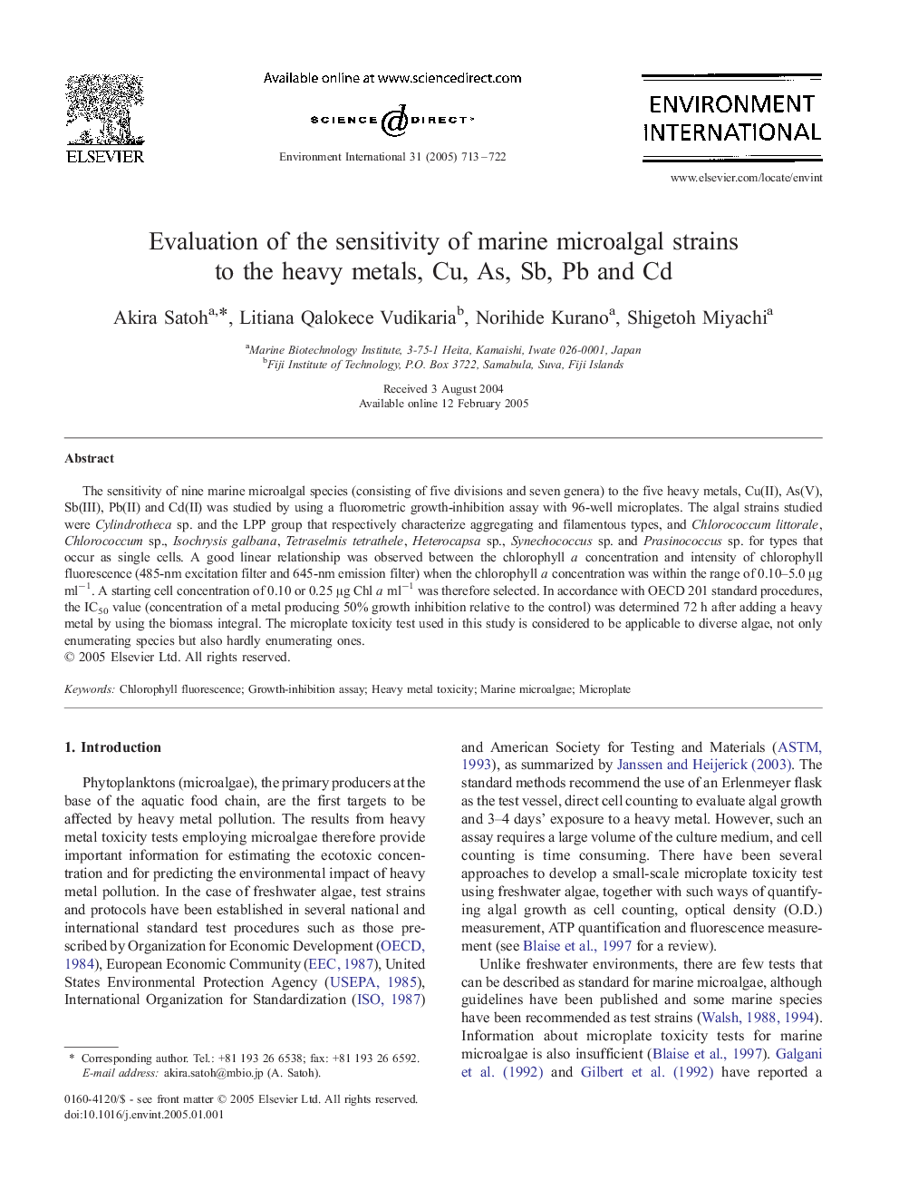 Evaluation of the sensitivity of marine microalgal strains to the heavy metals, Cu, As, Sb, Pb and Cd