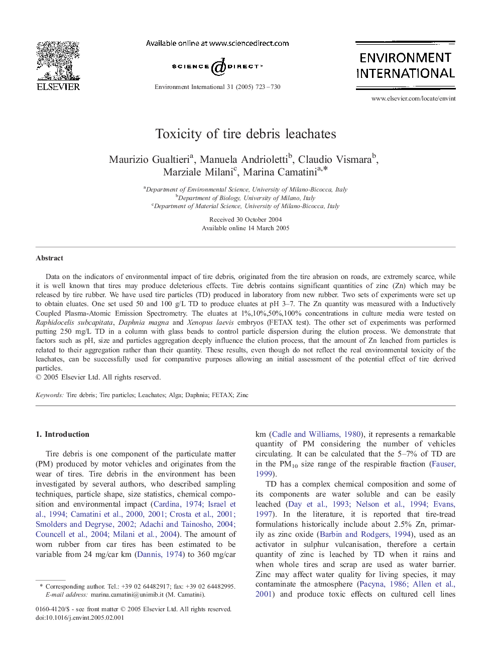 Toxicity of tire debris leachates