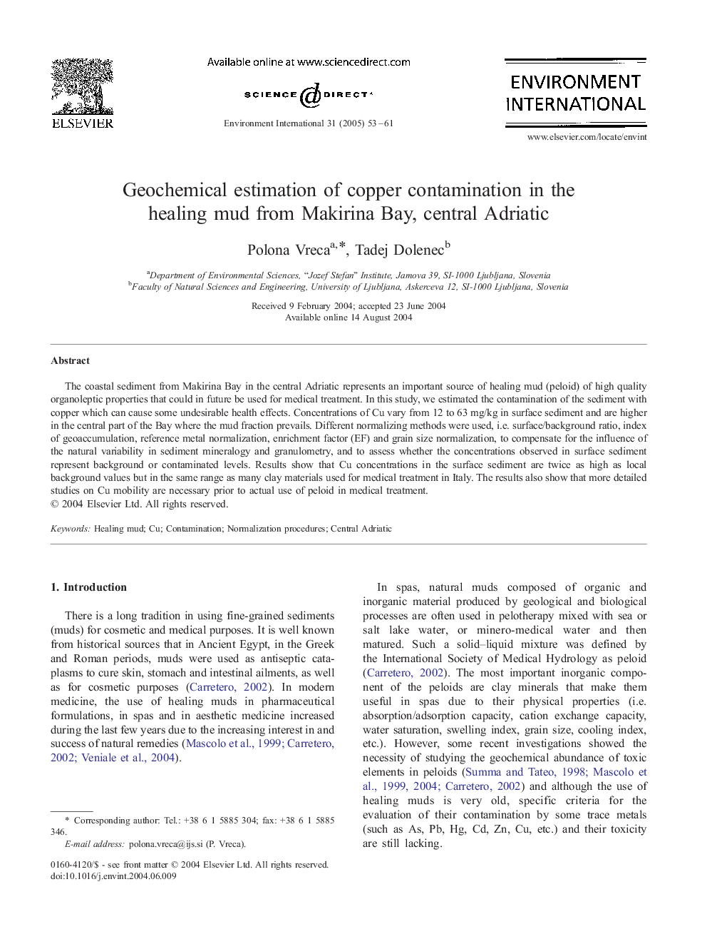 Geochemical estimation of copper contamination in the healing mud from Makirina Bay, central Adriatic