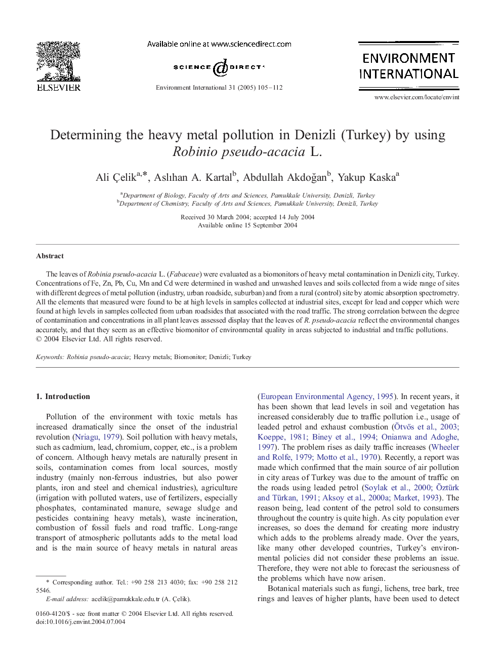 Determining the heavy metal pollution in Denizli (Turkey) by using Robinio pseudo-acacia L.