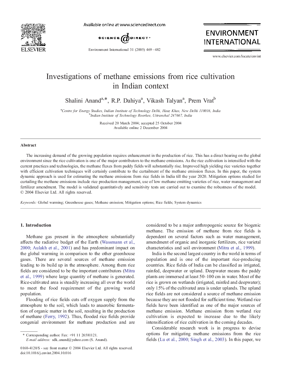 Investigations of methane emissions from rice cultivation in Indian context