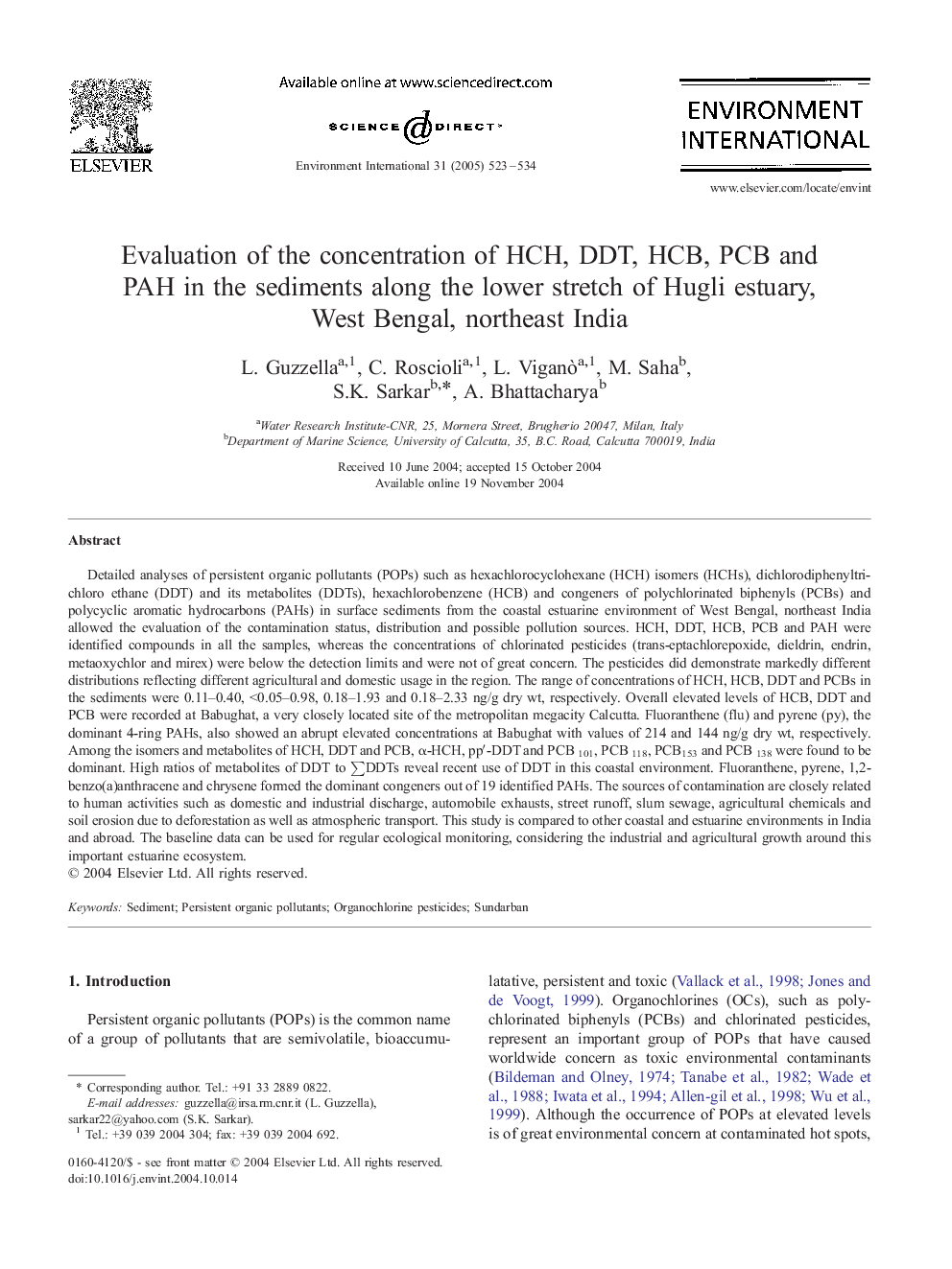 Evaluation of the concentration of HCH, DDT, HCB, PCB and PAH in the sediments along the lower stretch of Hugli estuary, West Bengal, northeast India