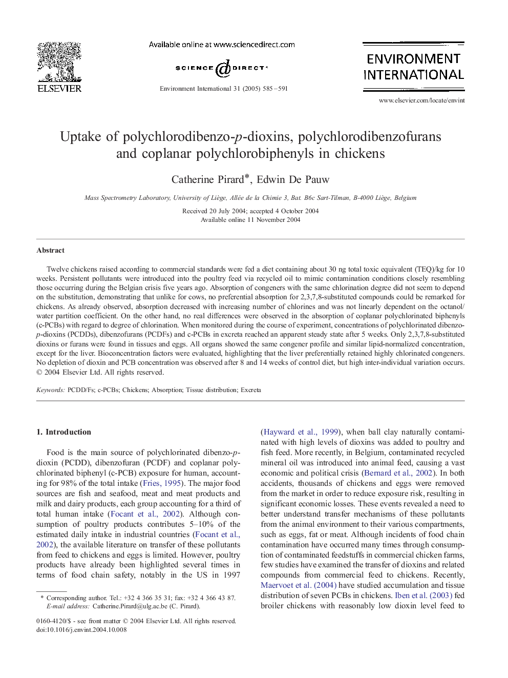 Uptake of polychlorodibenzo-p-dioxins, polychlorodibenzofurans and coplanar polychlorobiphenyls in chickens