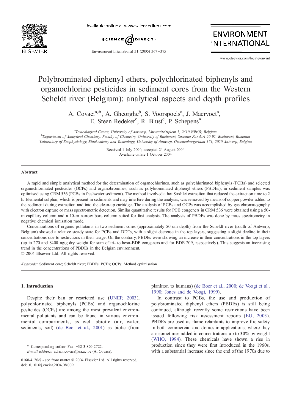 Polybrominated diphenyl ethers, polychlorinated biphenyls and organochlorine pesticides in sediment cores from the Western Scheldt river (Belgium): analytical aspects and depth profiles