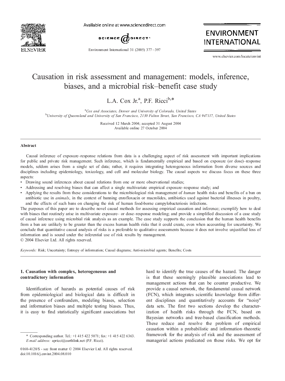 Causation in risk assessment and management: models, inference, biases, and a microbial risk-benefit case study