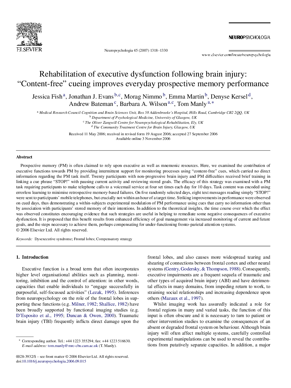 Rehabilitation of executive dysfunction following brain injury: “Content-free” cueing improves everyday prospective memory performance