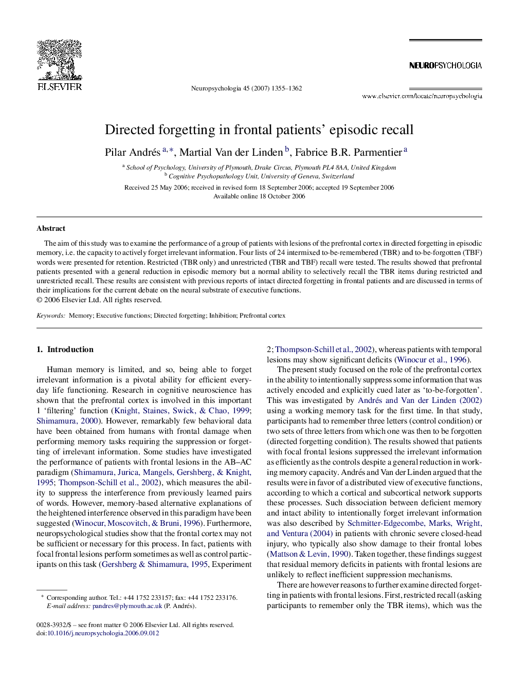 Directed forgetting in frontal patients' episodic recall