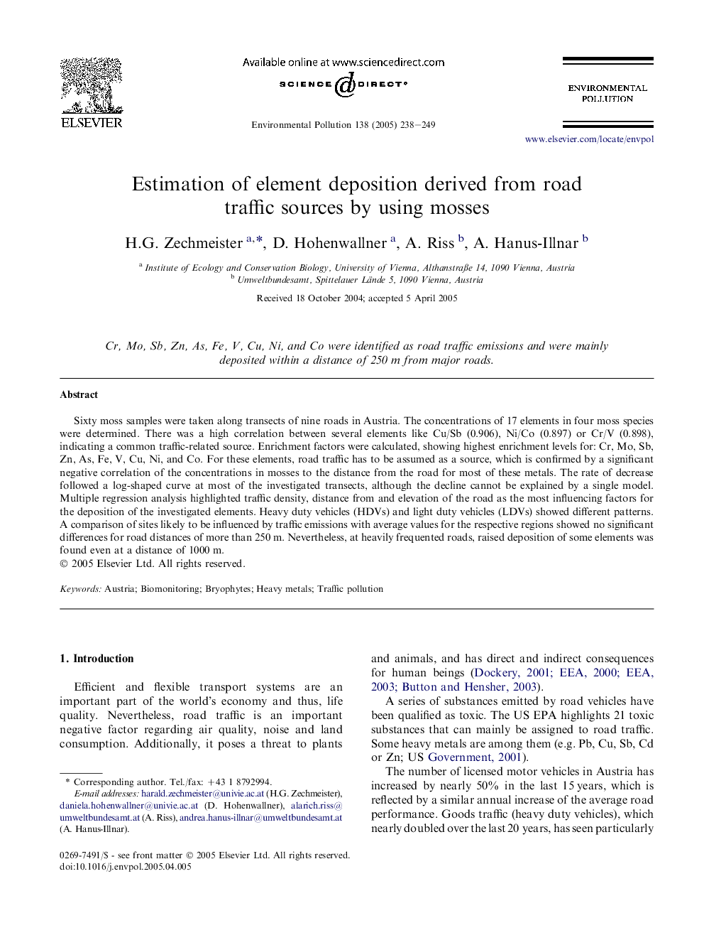 Estimation of element deposition derived from road traffic sources by using mosses