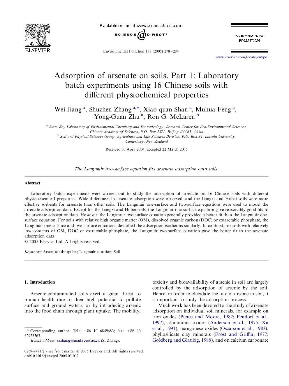 Adsorption of arsenate on soils. Part 1: Laboratory batch experiments using 16 Chinese soils with different physiochemical properties