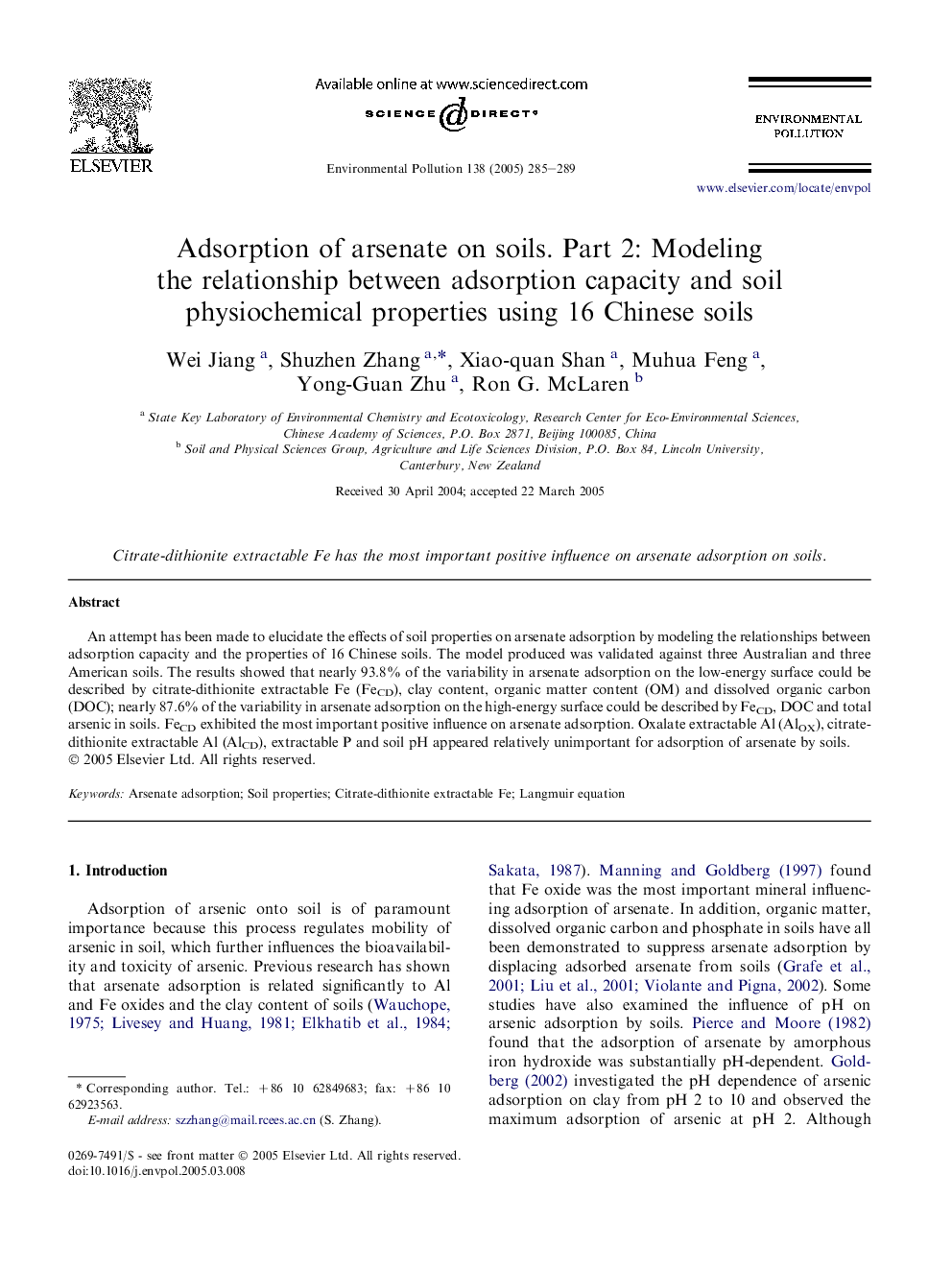 Adsorption of arsenate on soils. Part 2: Modeling the relationship between adsorption capacity and soil physiochemical properties using 16 Chinese soils