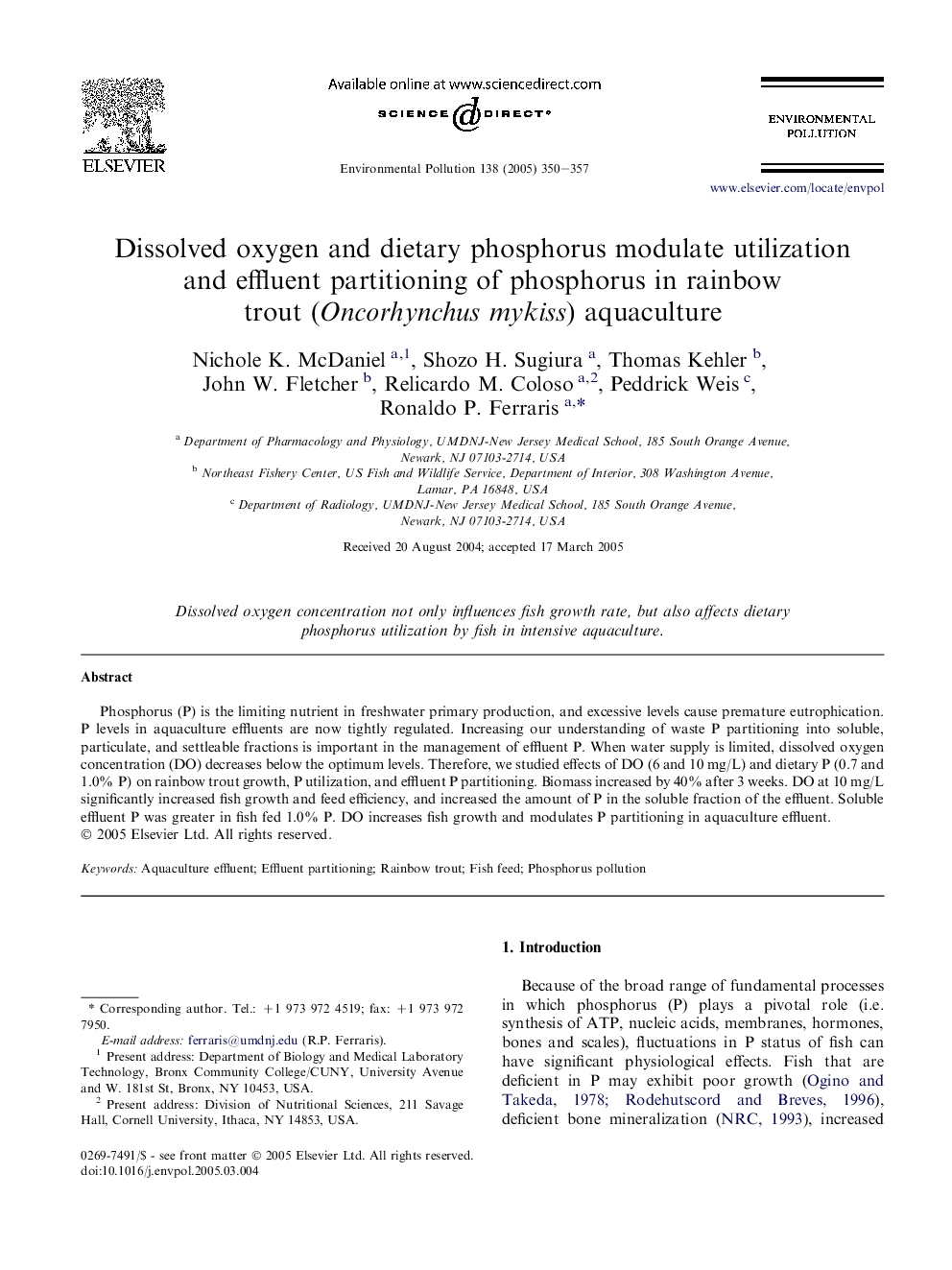 Dissolved oxygen and dietary phosphorus modulate utilization and effluent partitioning of phosphorus in rainbow trout (Oncorhynchus mykiss) aquaculture