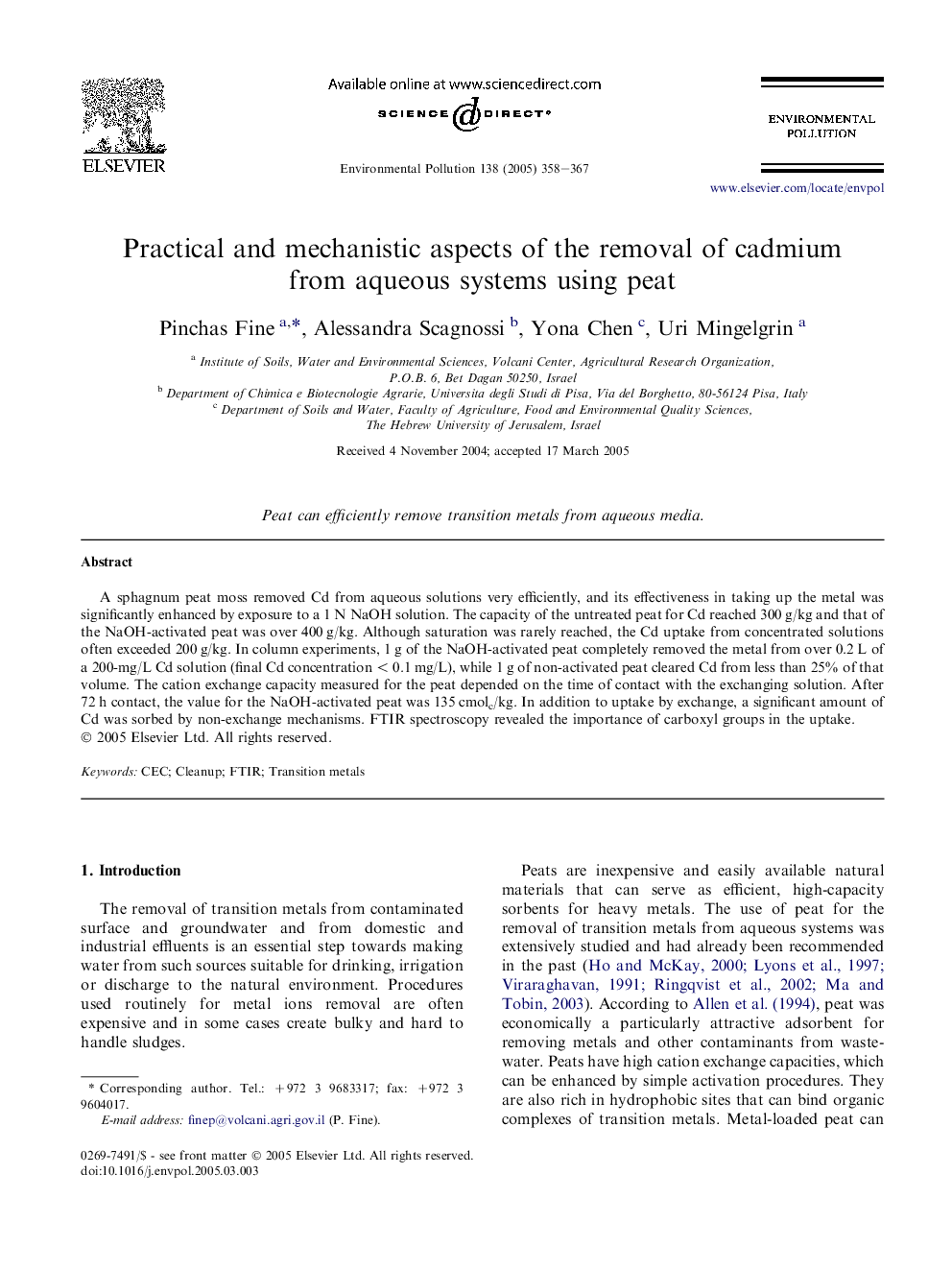 Practical and mechanistic aspects of the removal of cadmium from aqueous systems using peat