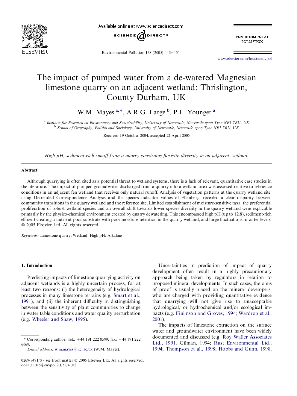 The impact of pumped water from a de-watered Magnesian limestone quarry on an adjacent wetland: Thrislington, County Durham, UK