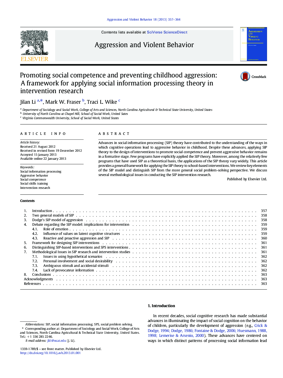 Promoting social competence and preventing childhood aggression: A framework for applying social information processing theory in intervention research