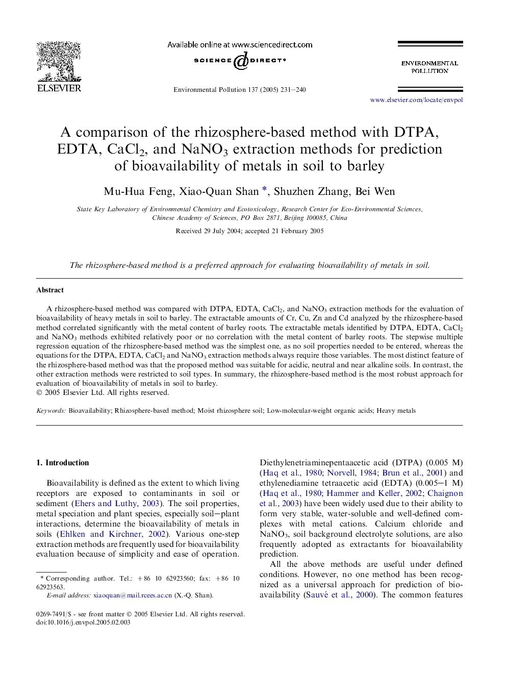 A comparison of the rhizosphere-based method with DTPA, EDTA, CaCl2, and NaNO3 extraction methods for prediction of bioavailability of metals in soil to barley