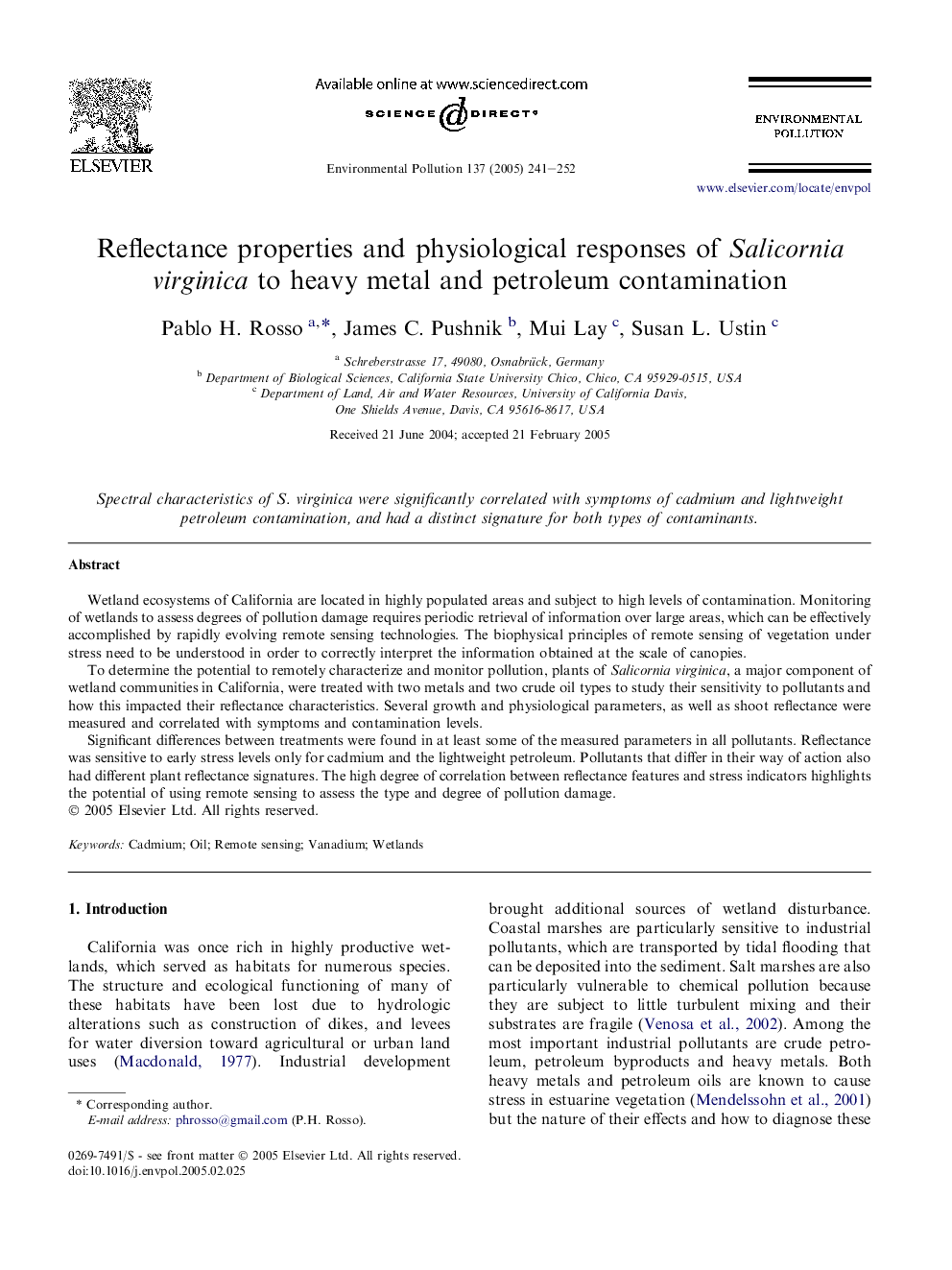 عکس صفحه اول مقاله: Reflectance properties and physiological responses of Salicornia virginica to heavy metal and petroleum contamination Reflectance properties and physiological responses of Salicornia virginica to heavy metal and petroleum contamination