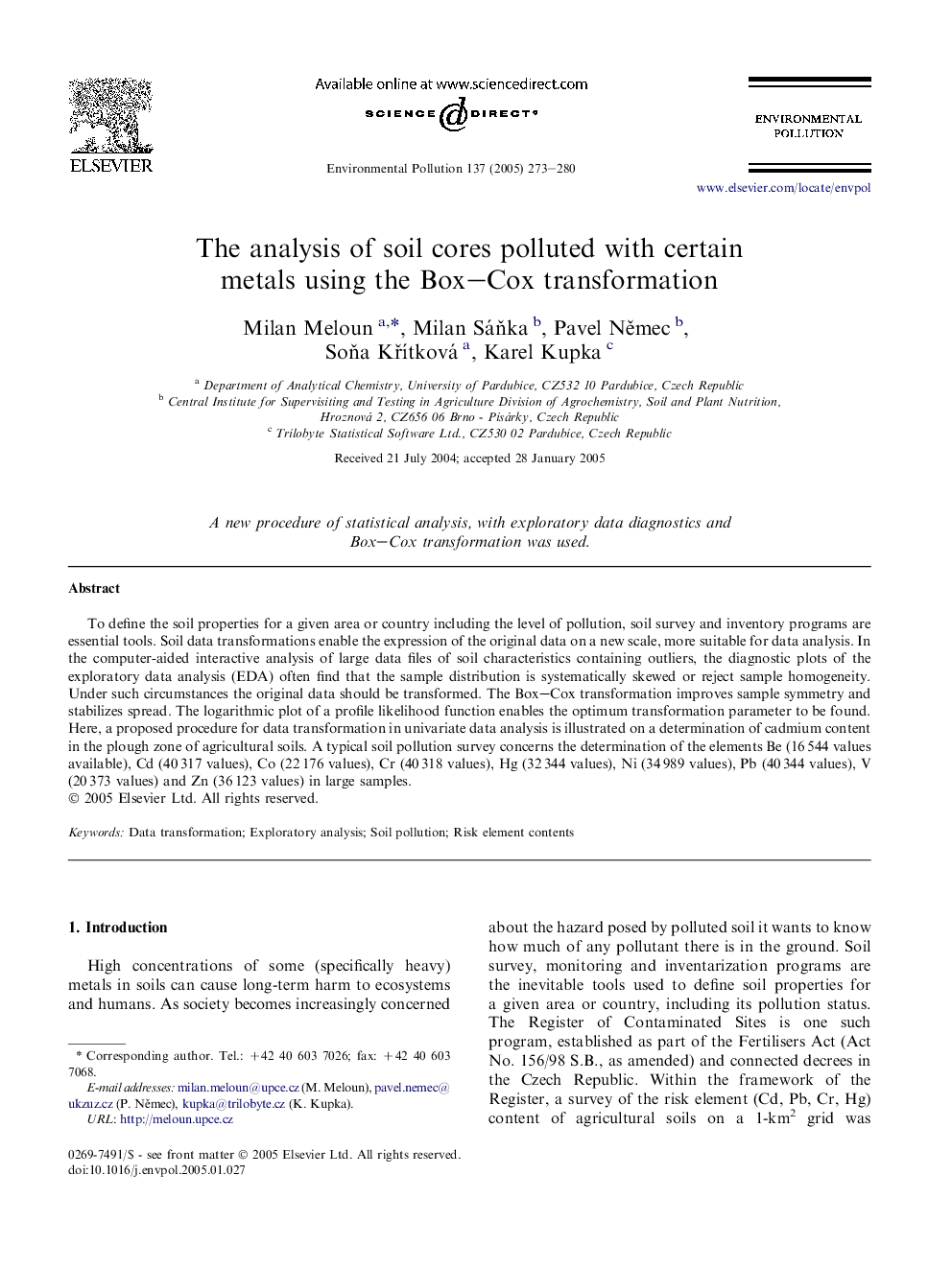 The analysis of soil cores polluted with certain metals using the Box-Cox transformation