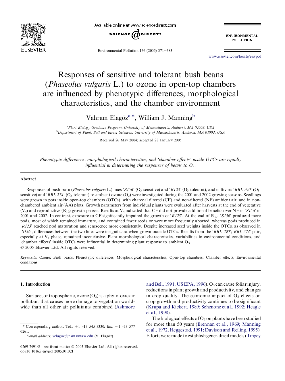 Responses of sensitive and tolerant bush beans (Phaseolus vulgaris L.) to ozone in open-top chambers are influenced by phenotypic differences, morphological characteristics, and the chamber environment