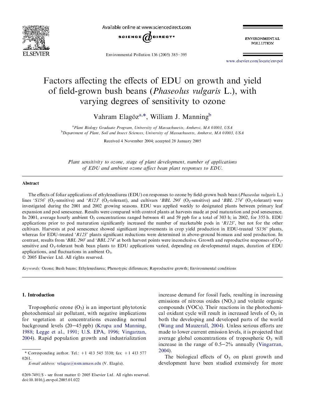 Factors affecting the effects of EDU on growth and yield of field-grown bush beans (Phaseolus vulgaris L.), with varying degrees of sensitivity to ozone