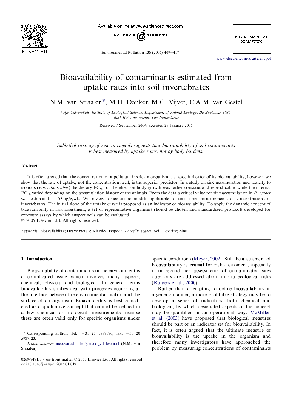 Bioavailability of contaminants estimated from uptake rates into soil invertebrates