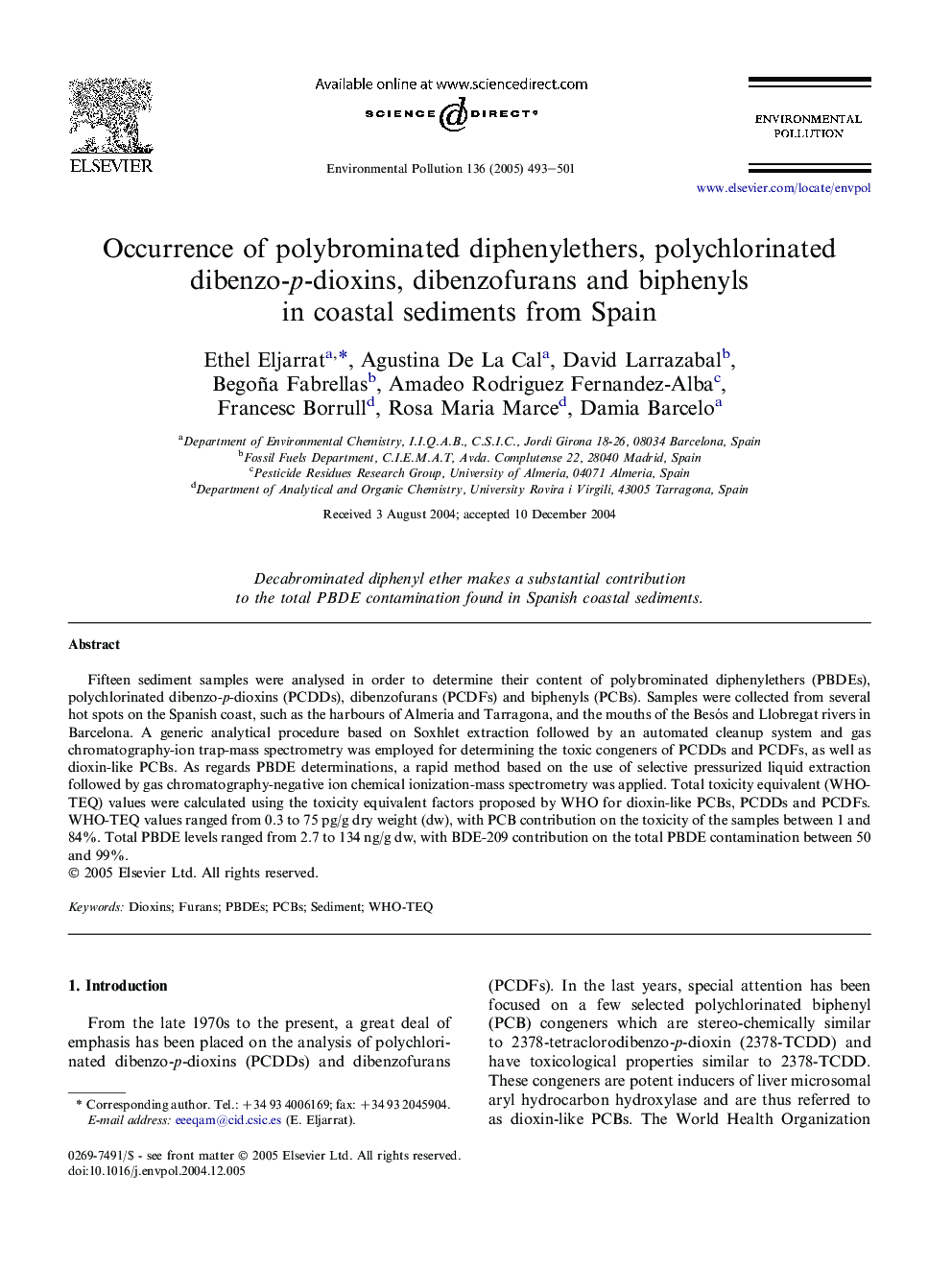 Occurrence of polybrominated diphenylethers, polychlorinated dibenzo-p-dioxins, dibenzofurans and biphenyls in coastal sediments from Spain