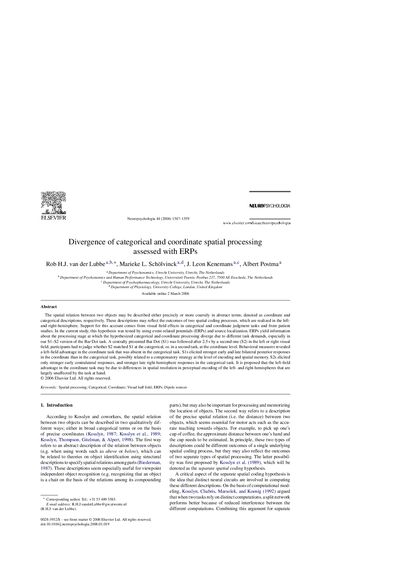 Divergence of categorical and coordinate spatial processing assessed with ERPs