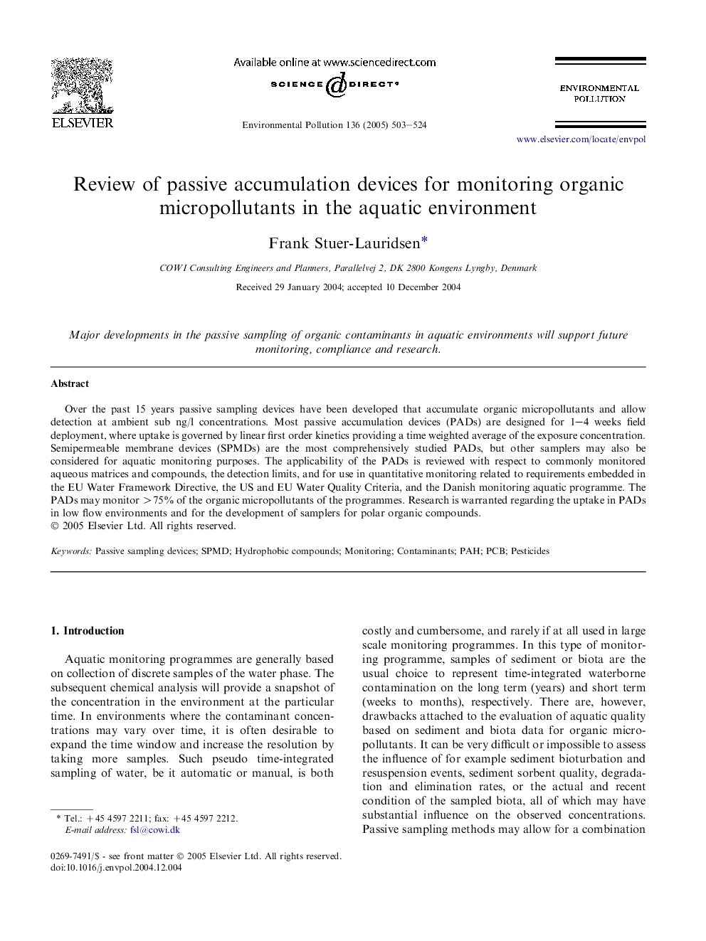 Review of passive accumulation devices for monitoring organic micropollutants in the aquatic environment