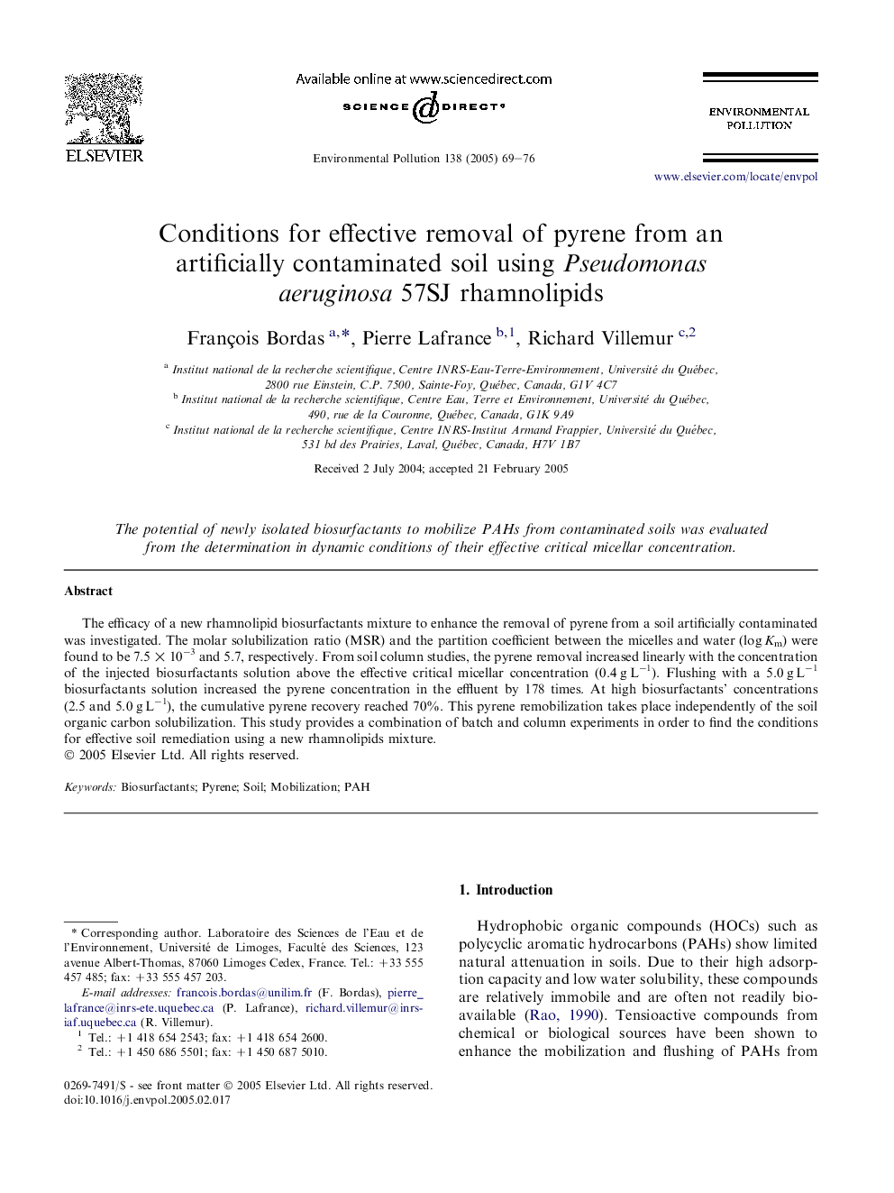 Conditions for effective removal of pyrene from an artificially contaminated soil using Pseudomonas aeruginosa 57SJ rhamnolipids