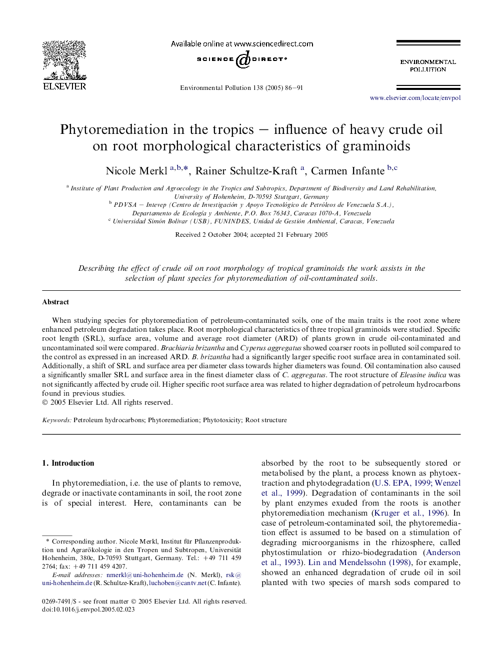 Phytoremediation in the tropics - influence of heavy crude oil on root morphological characteristics of graminoids