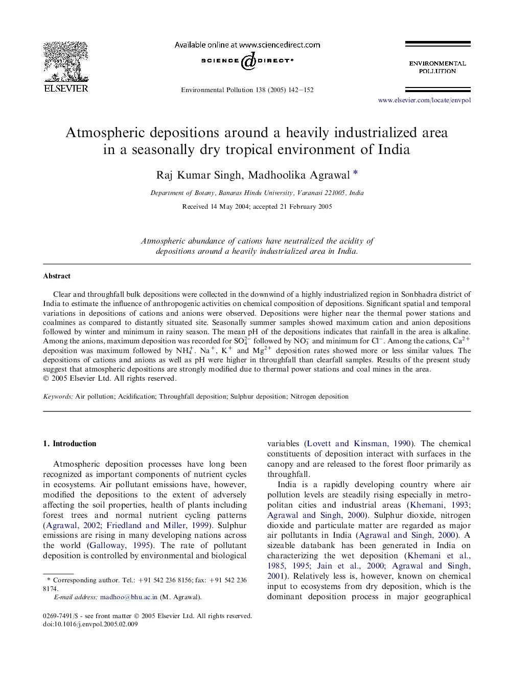 Atmospheric depositions around a heavily industrialized area in a seasonally dry tropical environment of India