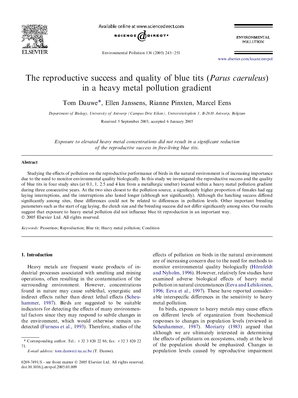 The reproductive success and quality of blue tits (Parus caeruleus) in a heavy metal pollution gradient