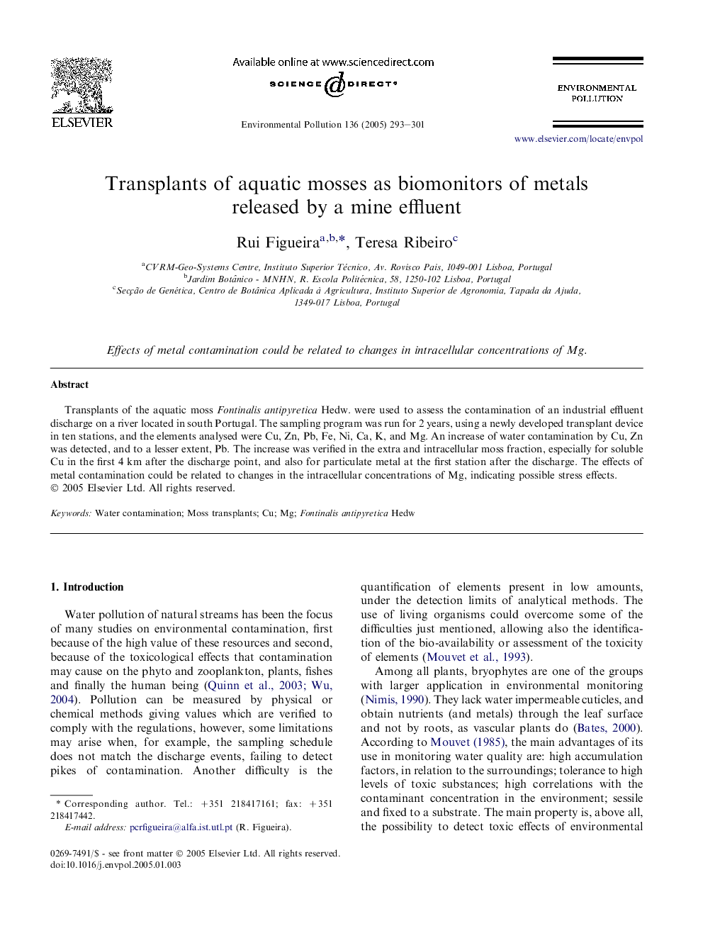 Transplants of aquatic mosses as biomonitors of metals released by a mine effluent