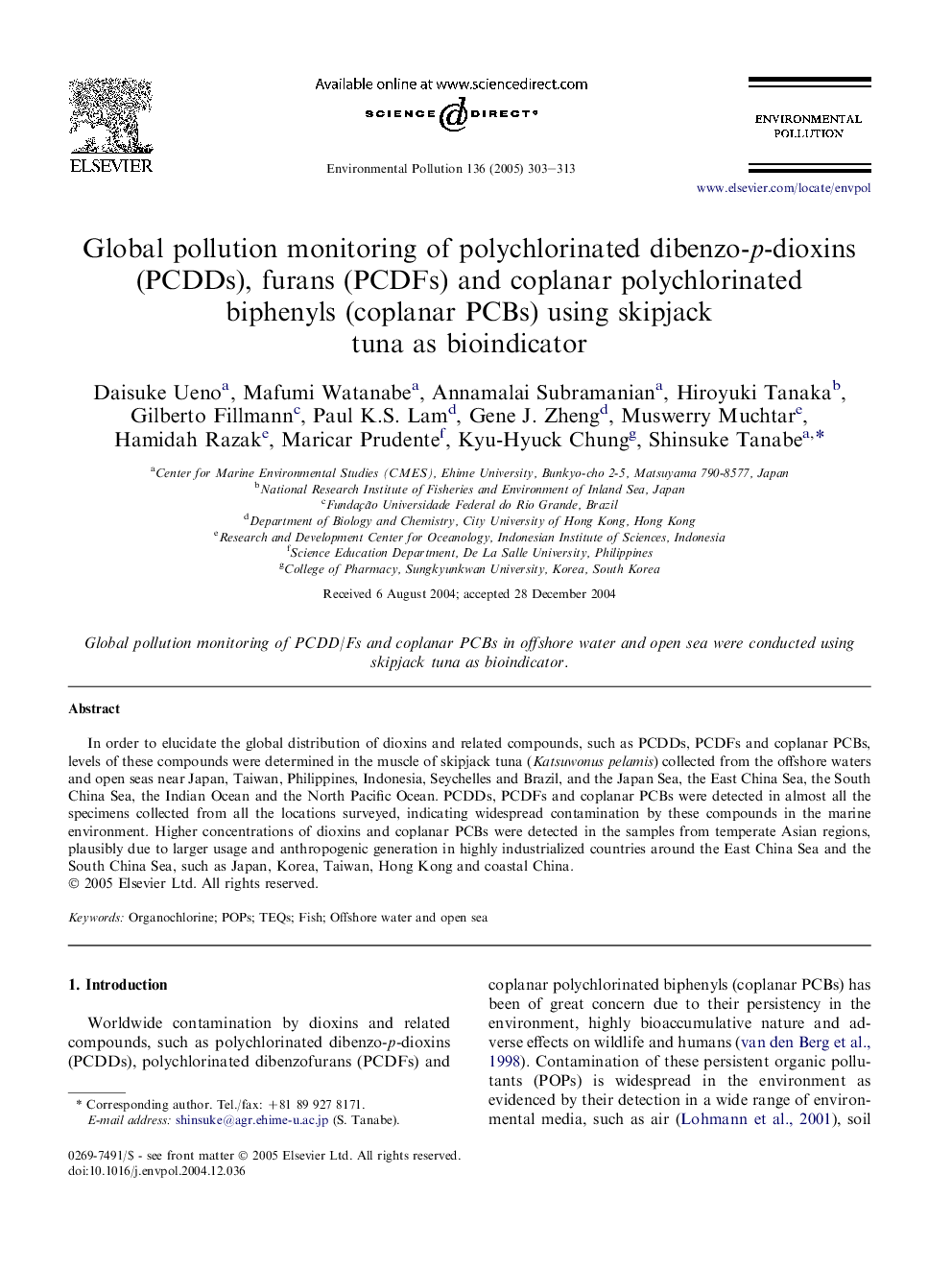 Global pollution monitoring of polychlorinated dibenzo-p-dioxins (PCDDs), furans (PCDFs) and coplanar polychlorinated biphenyls (coplanar PCBs) using skipjack tuna as bioindicator